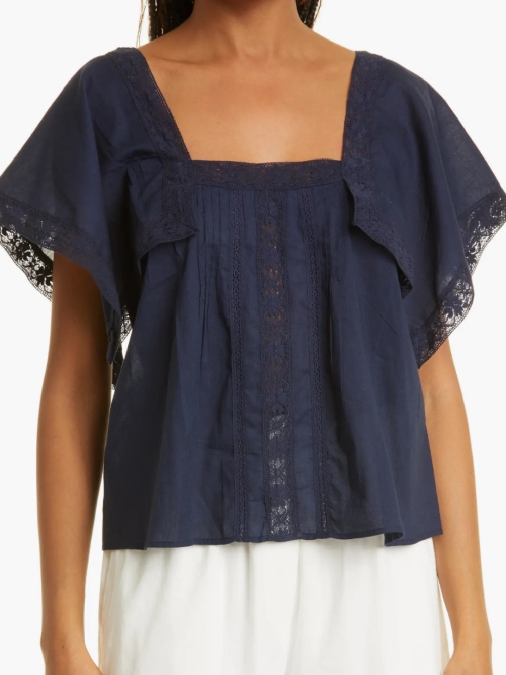 Rebecca Taylor Lace Inset Cotton Top in Navy Women's Size